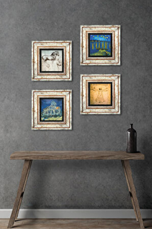Van Gogh, Leonardo da Vinci Taş Duvar Tablosu Çerçeveli Duvar Dekoru 4 Parça Tablo Seti Wall Art