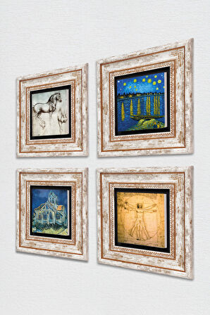 Van Gogh, Leonardo da Vinci Taş Duvar Tablosu Çerçeveli Duvar Dekoru 4 Parça Tablo Seti Wall Art