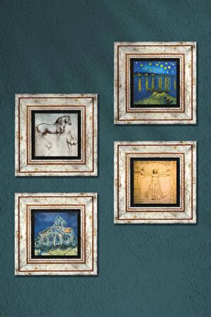 Van Gogh, Leonardo da Vinci Taş Duvar Tablosu Çerçeveli Duvar Dekoru 4 Parça Tablo Seti Wall Art
