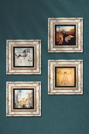 Salvador Dalí, Leonardo da Vinci Taş Duvar Tablosu Çerçeveli Duvar Dekoru 4 Parça Tablo Seti Wall Art