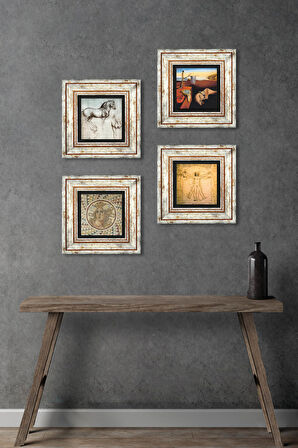 Salvador Dalí, Mozaik Serisi, Leonardo da Vinci Taş Duvar Tablosu Çerçeveli Duvar Dekoru 4 Parça Tablo Seti Wall Art