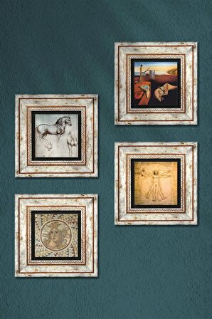 Salvador Dalí, Mozaik Serisi, Leonardo da Vinci Taş Duvar Tablosu Çerçeveli Duvar Dekoru 4 Parça Tablo Seti Wall Art