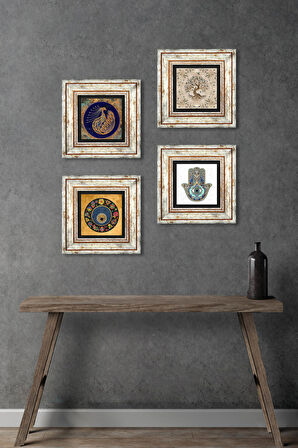 Tavus Kuşu, Nazar, Hayat Ağacı, Fatma Ana Eli (Hamsa) Taş Duvar Tablosu Çerçeveli Duvar Dekoru 4 Parça Tablo Seti Wall Art