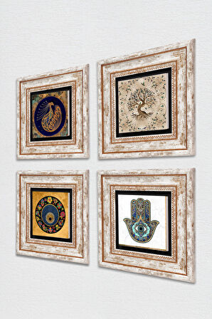 Tavus Kuşu, Nazar, Hayat Ağacı, Fatma Ana Eli (Hamsa) Taş Duvar Tablosu Çerçeveli Duvar Dekoru 4 Parça Tablo Seti Wall Art