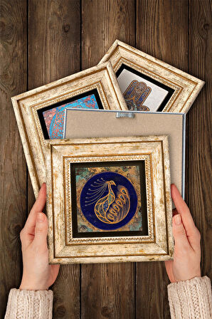 Tavus Kuşu, Nazar, Hayat Ağacı, Fatma Ana Eli (Hamsa) Taş Duvar Tablosu Çerçeveli Duvar Dekoru 4 Parça Tablo Seti Wall Art