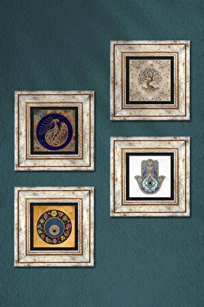 Tavus Kuşu, Nazar, Hayat Ağacı, Fatma Ana Eli (Hamsa) Taş Duvar Tablosu Çerçeveli Duvar Dekoru 4 Parça Tablo Seti Wall Art