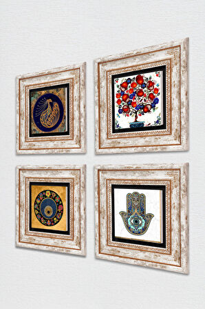 Tavus Kuşu, Nazar, Nar Ağacı, Fatma Ana Eli (Hamsa) Taş Duvar Tablosu Çerçeveli Duvar Dekoru 4 Parça Tablo Seti Wall Art