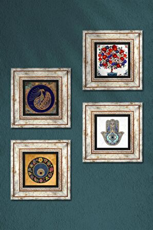 Tavus Kuşu, Nazar, Nar Ağacı, Fatma Ana Eli (Hamsa) Taş Duvar Tablosu Çerçeveli Duvar Dekoru 4 Parça Tablo Seti Wall Art