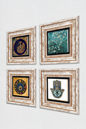 Tavus Kuşu, Nazar, Van Gogh Badem Ağacı, Fatma Ana Eli (Hamsa) Taş Duvar Tablosu Çerçeveli Duvar Dekoru 4 Parça Tablo Seti Wall Art