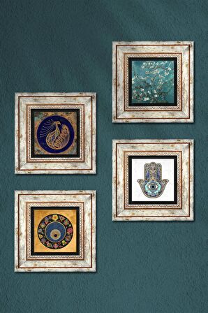 Tavus Kuşu, Nazar, Van Gogh Badem Ağacı, Fatma Ana Eli (Hamsa) Taş Duvar Tablosu Çerçeveli Duvar Dekoru 4 Parça Tablo Seti Wall Art