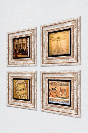 Mozaik, Antik Mısır, Bir Roma Sanat Aşığı, Da Vinci Vitruvius Adamı Taş Duvar Tablosu Çerçeveli Duvar Dekoru 4 Parça Tablo Seti Wall Art