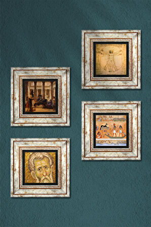Mozaik, Antik Mısır, Bir Roma Sanat Aşığı, Da Vinci Vitruvius Adamı Taş Duvar Tablosu Çerçeveli Duvar Dekoru 4 Parça Tablo Seti Wall Art