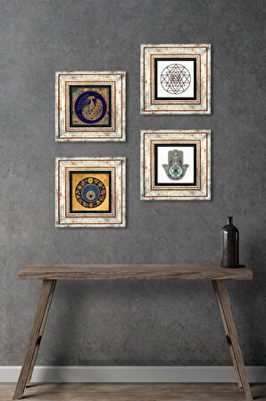 Tavus Kuşu, Sri Yantra, Nazar, Fatma Ana Eli (Hamsa) Taş Duvar Tablosu Çerçeveli Duvar Dekoru 4 Parça Tablo Seti Wall Art