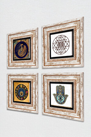Tavus Kuşu, Sri Yantra, Nazar, Fatma Ana Eli (Hamsa) Taş Duvar Tablosu Çerçeveli Duvar Dekoru 4 Parça Tablo Seti Wall Art