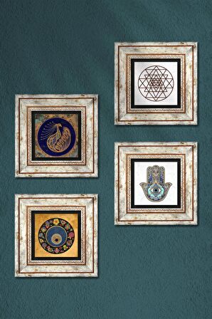 Tavus Kuşu, Sri Yantra, Nazar, Fatma Ana Eli (Hamsa) Taş Duvar Tablosu Çerçeveli Duvar Dekoru 4 Parça Tablo Seti Wall Art