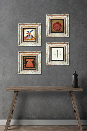 Hırka-i Şerif, Elif, Bereket Duası, Semazen Taş Duvar Tablosu Çerçeveli Duvar Dekoru 4 Parça Tablo Seti Wall Art