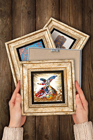 Hırka-i Şerif, Elif, Bereket Duası, Semazen Taş Duvar Tablosu Çerçeveli Duvar Dekoru 4 Parça Tablo Seti Wall Art