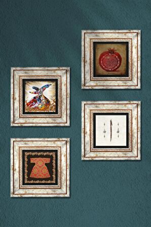 Hırka-i Şerif, Elif, Bereket Duası, Semazen Taş Duvar Tablosu Çerçeveli Duvar Dekoru 4 Parça Tablo Seti Wall Art