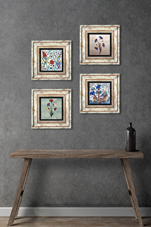 Ebru Sanatı, Lale, Çini Sanatı Yelkenli Gemi Taş Duvar Tablosu Çerçeveli Duvar Dekoru 4 Parça Tablo Seti Wall Art