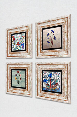 Ebru Sanatı, Lale, Çini Sanatı Yelkenli Gemi Taş Duvar Tablosu Çerçeveli Duvar Dekoru 4 Parça Tablo Seti Wall Art