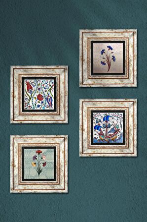 Ebru Sanatı, Lale, Çini Sanatı Yelkenli Gemi Taş Duvar Tablosu Çerçeveli Duvar Dekoru 4 Parça Tablo Seti Wall Art