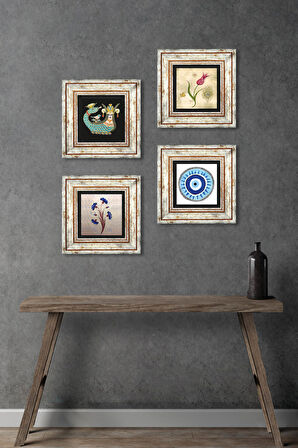 Nazar, Ebru Sanatı, Lale, Şahmeran Taş Duvar Tablosu Çerçeveli Duvar Dekoru 4 Parça Tablo Seti Wall Art