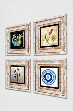 Nazar, Ebru Sanatı, Lale, Şahmeran Taş Duvar Tablosu Çerçeveli Duvar Dekoru 4 Parça Tablo Seti Wall Art