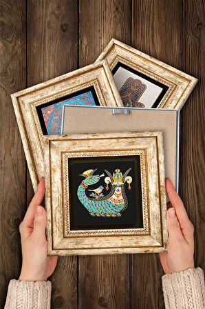 Nazar, Ebru Sanatı, Lale, Şahmeran Taş Duvar Tablosu Çerçeveli Duvar Dekoru 4 Parça Tablo Seti Wall Art