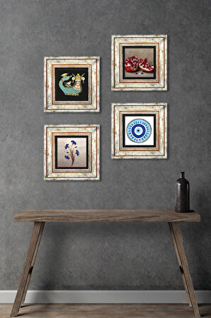 Nazar, Ebru Sanatı, Şahmeran, Nar Taş Duvar Tablosu Çerçeveli Duvar Dekoru 4 Parça Tablo Seti Wall Art