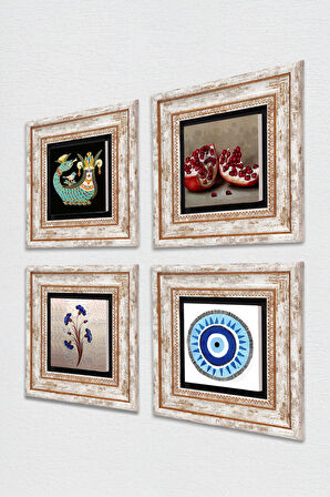 Nazar, Ebru Sanatı, Şahmeran, Nar Taş Duvar Tablosu Çerçeveli Duvar Dekoru 4 Parça Tablo Seti Wall Art