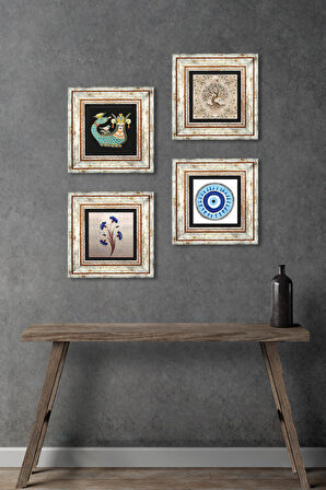 Nazar, Ebru Sanatı, Şahmeran, Hayat Ağacı Taş Duvar Tablosu Çerçeveli Duvar Dekoru 4 Parça Tablo Seti Wall Art