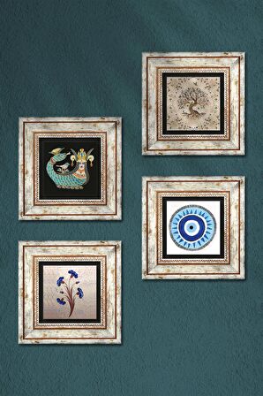Nazar, Ebru Sanatı, Şahmeran, Hayat Ağacı Taş Duvar Tablosu Çerçeveli Duvar Dekoru 4 Parça Tablo Seti Wall Art