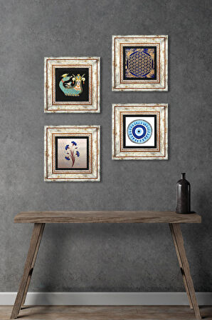 Nazar, Ebru Sanatı, Yaşam Çiçeği, Şahmeran Taş Duvar Tablosu Çerçeveli Duvar Dekoru 4 Parça Tablo Seti Wall Art