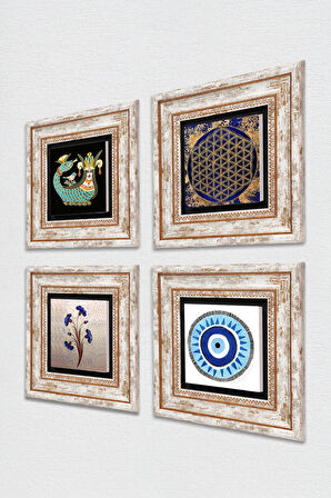 Nazar, Ebru Sanatı, Yaşam Çiçeği, Şahmeran Taş Duvar Tablosu Çerçeveli Duvar Dekoru 4 Parça Tablo Seti Wall Art