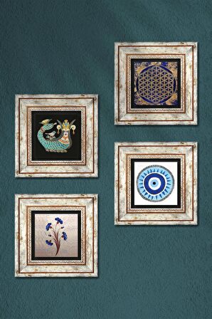 Nazar, Ebru Sanatı, Yaşam Çiçeği, Şahmeran Taş Duvar Tablosu Çerçeveli Duvar Dekoru 4 Parça Tablo Seti Wall Art