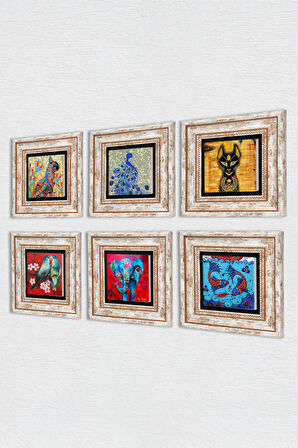 Fil, Kuş, Çini Sanatı Balık, Tavus Kuşu, Antik Mısır Taş Duvar Tablosu Çerçeveli Duvar Dekoru 6 Parça Tablo Seti Wall Art