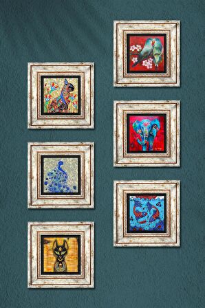 Fil, Kuş, Çini Sanatı Balık, Tavus Kuşu, Antik Mısır Taş Duvar Tablosu Çerçeveli Duvar Dekoru 6 Parça Tablo Seti Wall Art