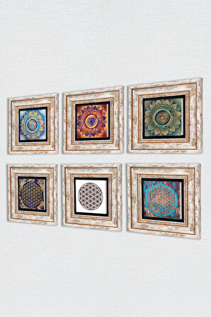 Mandala, Yaşam Çiçeği Taş Duvar Tablosu Çerçeveli Duvar Dekoru 6 Parça Tablo Seti Wall Art