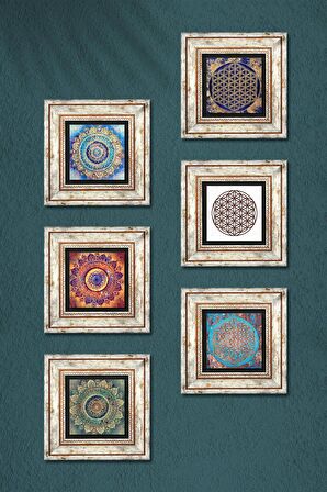 Mandala, Yaşam Çiçeği Taş Duvar Tablosu Çerçeveli Duvar Dekoru 6 Parça Tablo Seti Wall Art