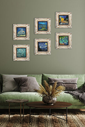 Van Gogh Taş Duvar Tablosu Çerçeveli Duvar Dekoru 6 Parça Tablo Seti Wall Art