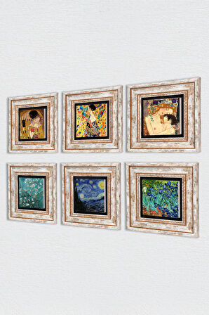 Gustav Klimt, Van Gogh Taş Duvar Tablosu Çerçeveli Duvar Dekoru 6 Parça Tablo Seti Wall Art