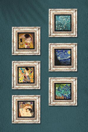 Gustav Klimt, Van Gogh Taş Duvar Tablosu Çerçeveli Duvar Dekoru 6 Parça Tablo Seti Wall Art
