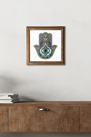 Fatma Ana Eli (Hamsa) Taş Duvar Tablosu Ahşap Çerçeveli Duvar Dekoru Wall Art 25x25cm