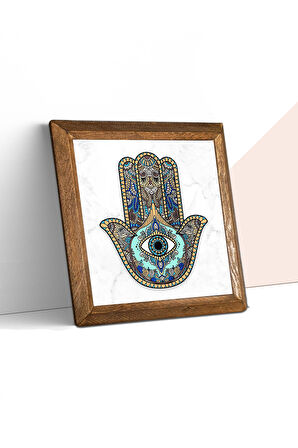 Fatma Ana Eli (Hamsa) Taş Duvar Tablosu Ahşap Çerçeveli Duvar Dekoru Wall Art 25x25cm