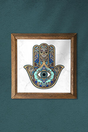 Fatma Ana Eli (Hamsa) Taş Duvar Tablosu Ahşap Çerçeveli Duvar Dekoru Wall Art 25x25cm