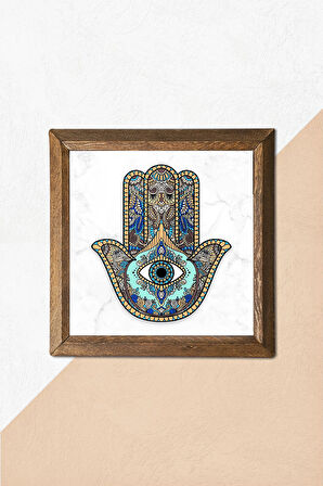 Fatma Ana Eli (Hamsa) Taş Duvar Tablosu Ahşap Çerçeveli Duvar Dekoru Wall Art 25x25cm