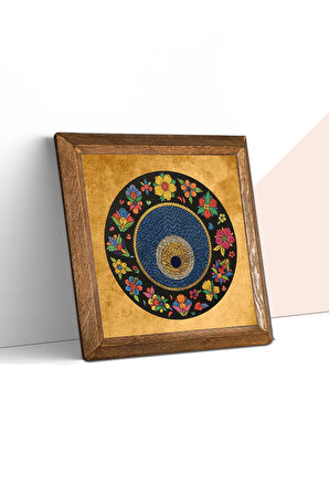 Nazar Boncuğu Taş Duvar Tablosu Ahşap Çerçeveli Duvar Dekoru Wall Art 25x25cm