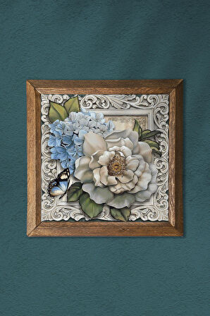 Kelebekli Çiçek Taş Duvar Tablosu Ahşap Çerçeveli Duvar Dekoru Wall Art 25x25cm