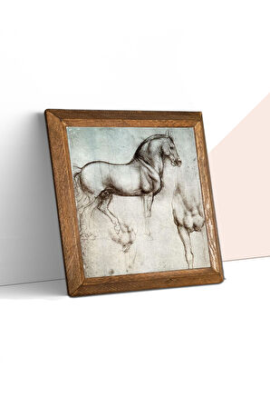 Leonardo da Vinci At Heykeli Taş Duvar Tablosu Ahşap Çerçeveli Duvar Dekoru Wall Art 25x25cm