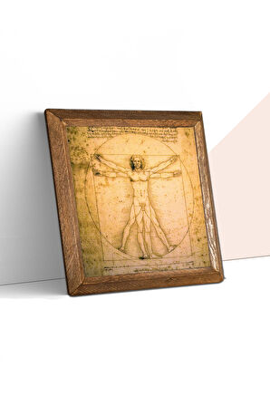 Leonardo da Vinci Vitruvius Adamı Taş Duvar Tablosu Ahşap Çerçeveli Duvar Dekoru Wall Art 25x25cm